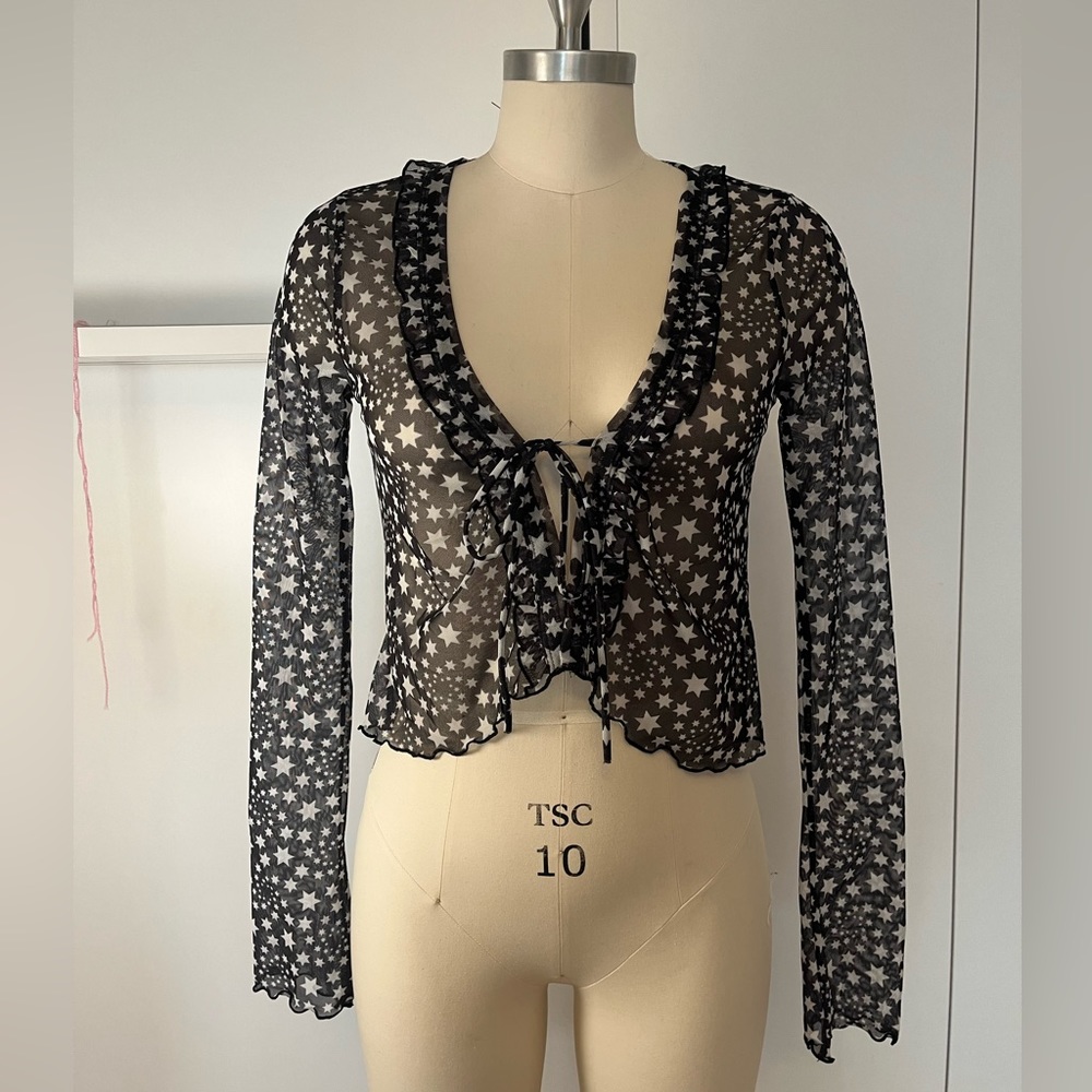 Free People Marne top: star print mesh tie-front top NWT
